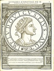 Ludouicus Pius, Illustration aus Imperatorum romanorum omnium orientalium et occidentalium verissimae imagines ex antiquis numismatis, Holzschnitt von Rudolph Wyssenbach, gedruckt von Andreas Gesner, Zürich